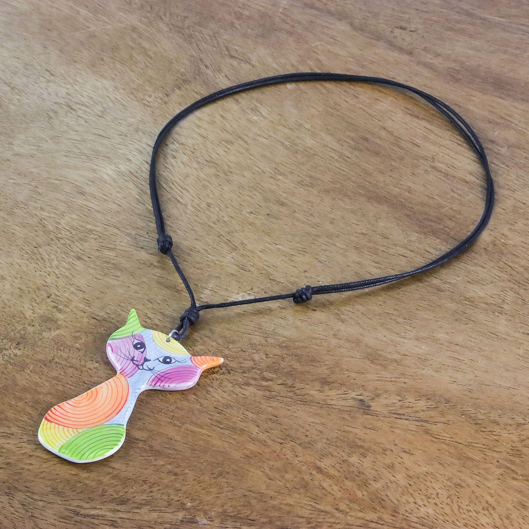 Colorful Ceramic Cat Pendant Necklace from Thailand - Rainbow Cat