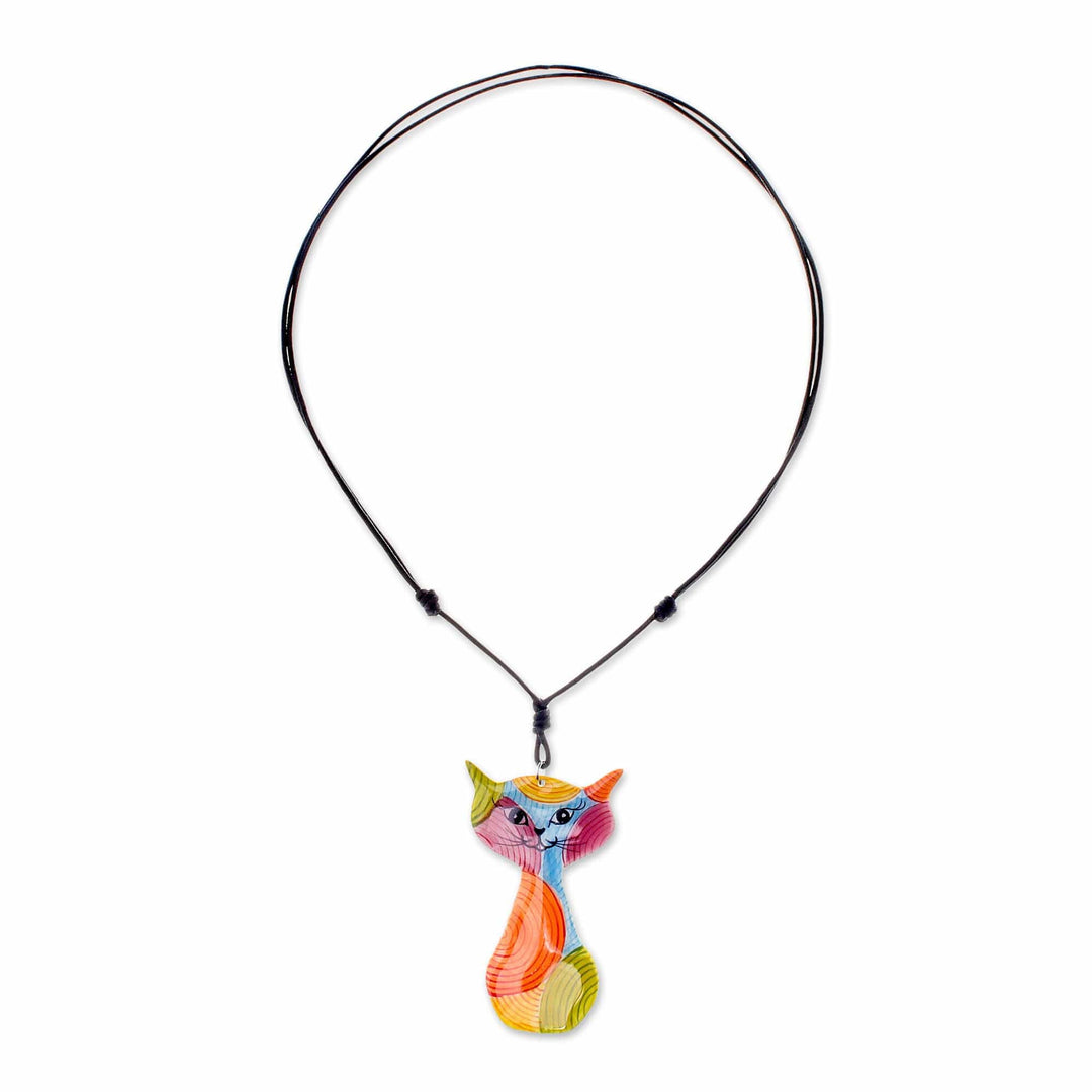 Colorful Ceramic Cat Pendant Necklace from Thailand - Rainbow Cat