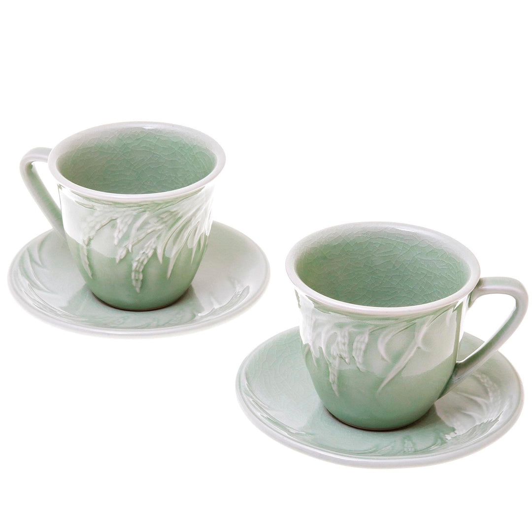 Handcrafted Celadon Green Ceramic Cups and Saucers (Pair) - Waving Grains