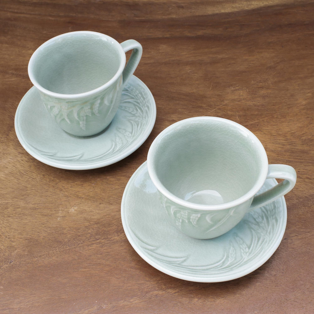Handcrafted Celadon Green Ceramic Cups and Saucers (Pair) - Waving Grains