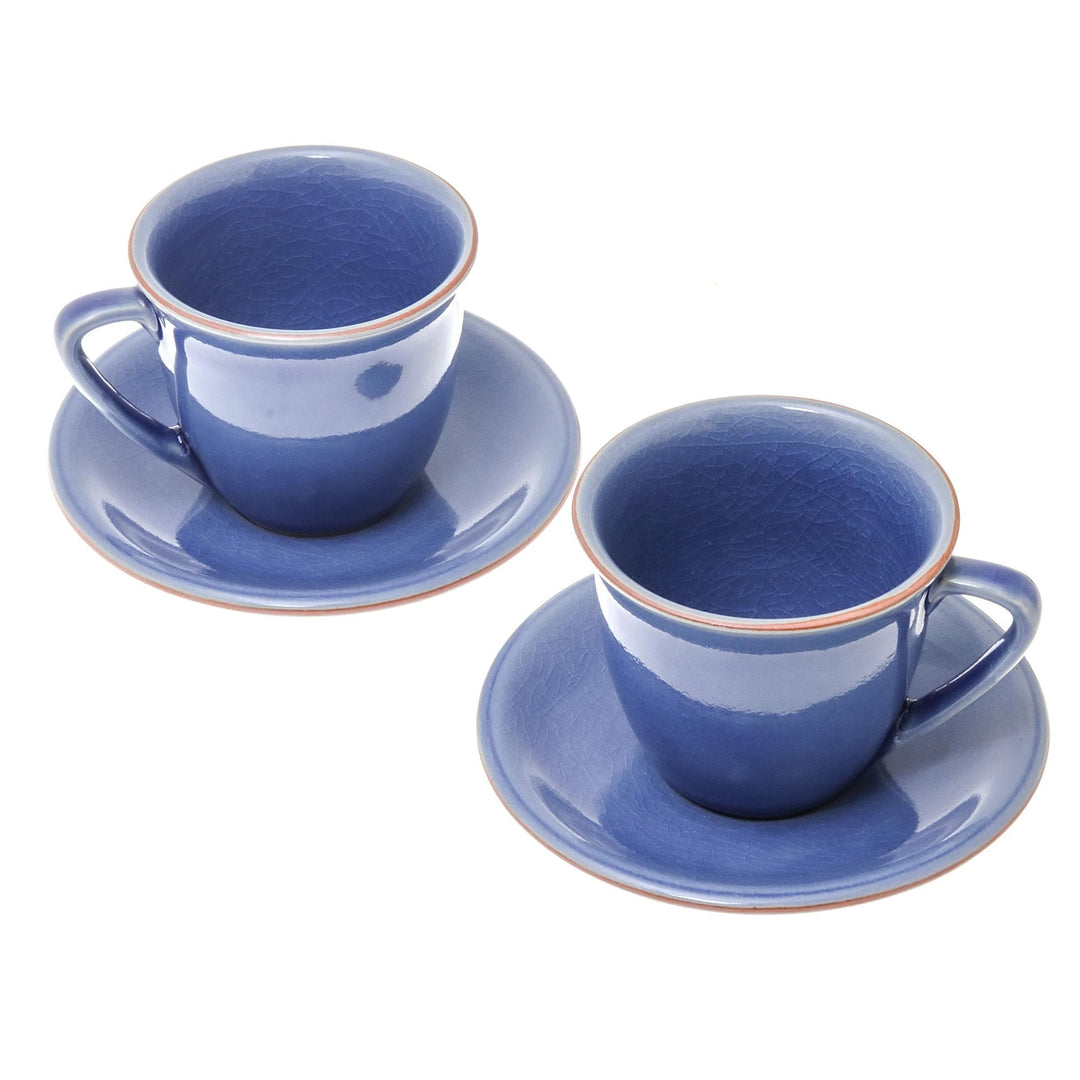 Handcrafted Blue Crackle Ceramic Cups and Saucers (Pair) - Sublime Simplicity