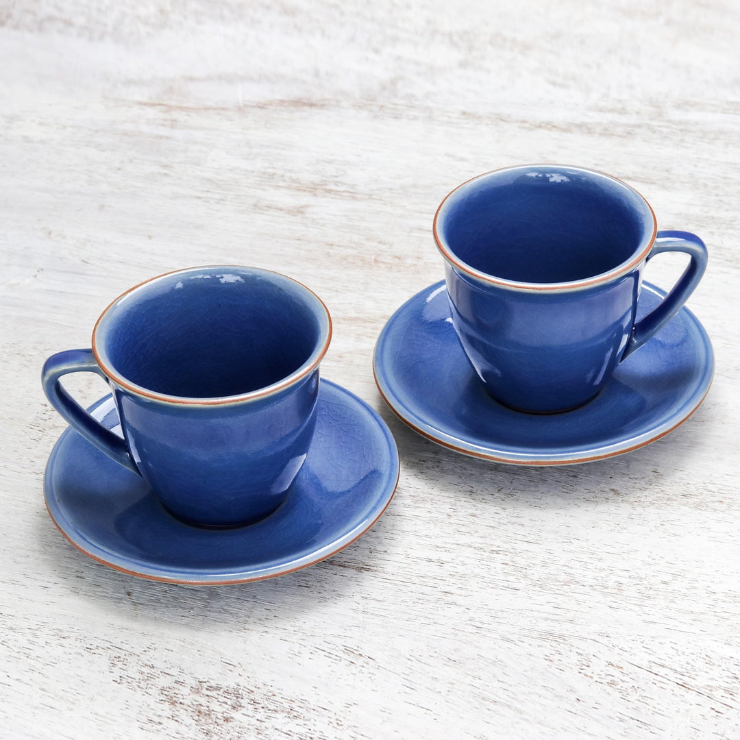Handcrafted Blue Crackle Ceramic Cups and Saucers (Pair) - Sublime Simplicity