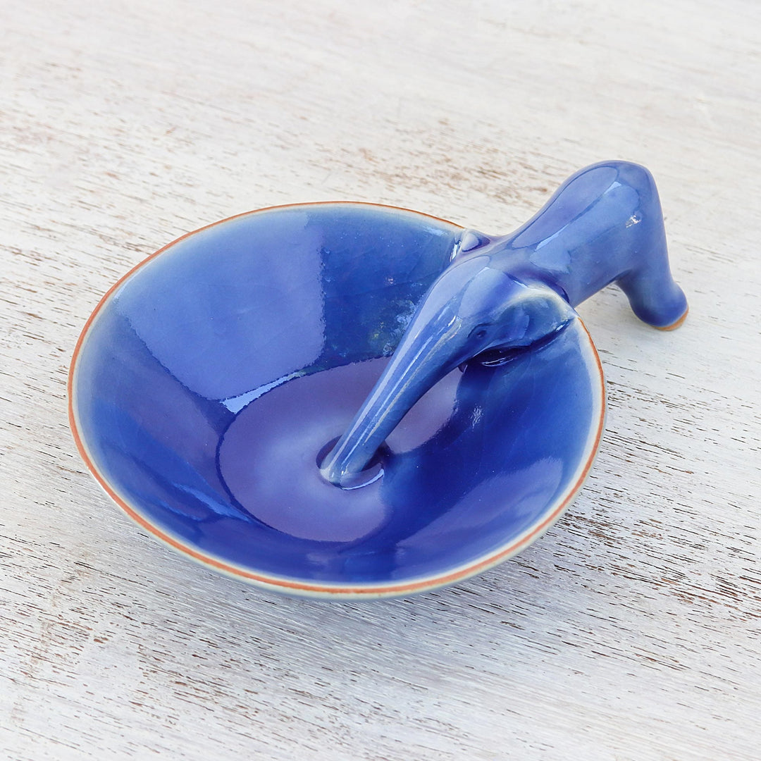 Elephant-Themed Blue Ceramic Incense Holder from Thailand - Sipping Elephant