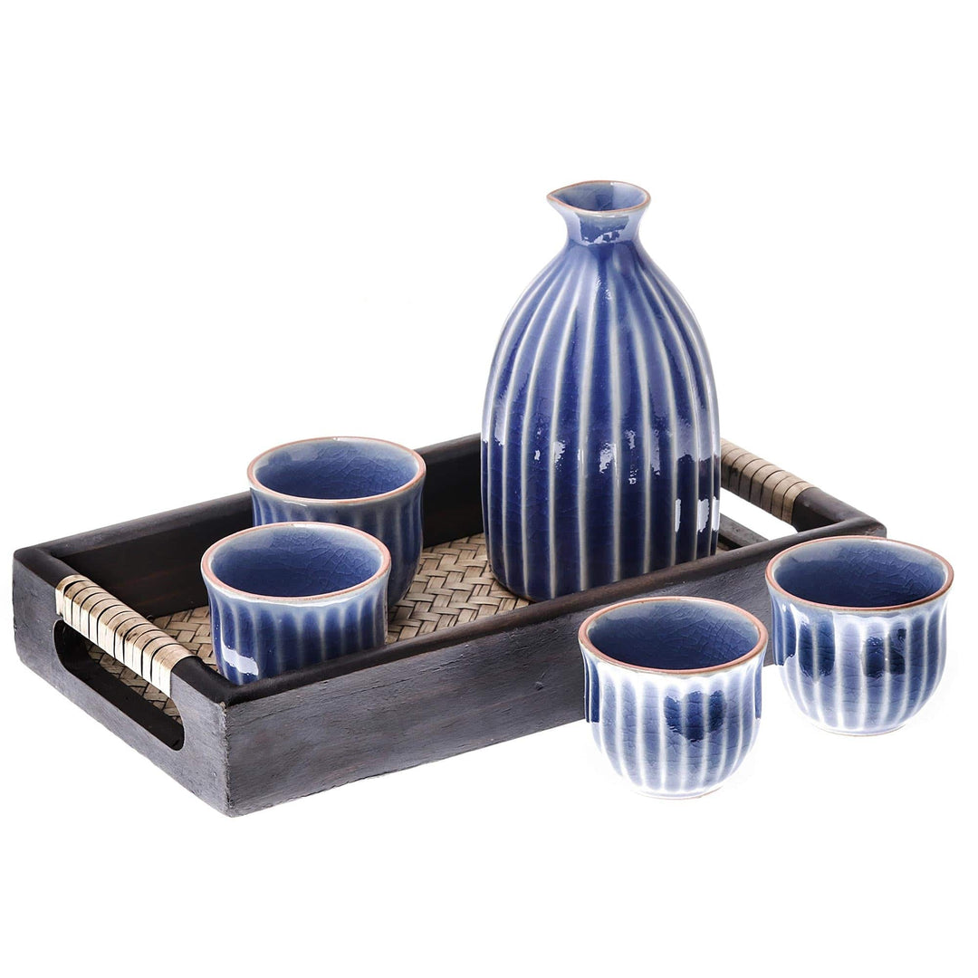 Blue Ceramic Decanter and Cups with Wood Tray (Set for 4) - Ridges