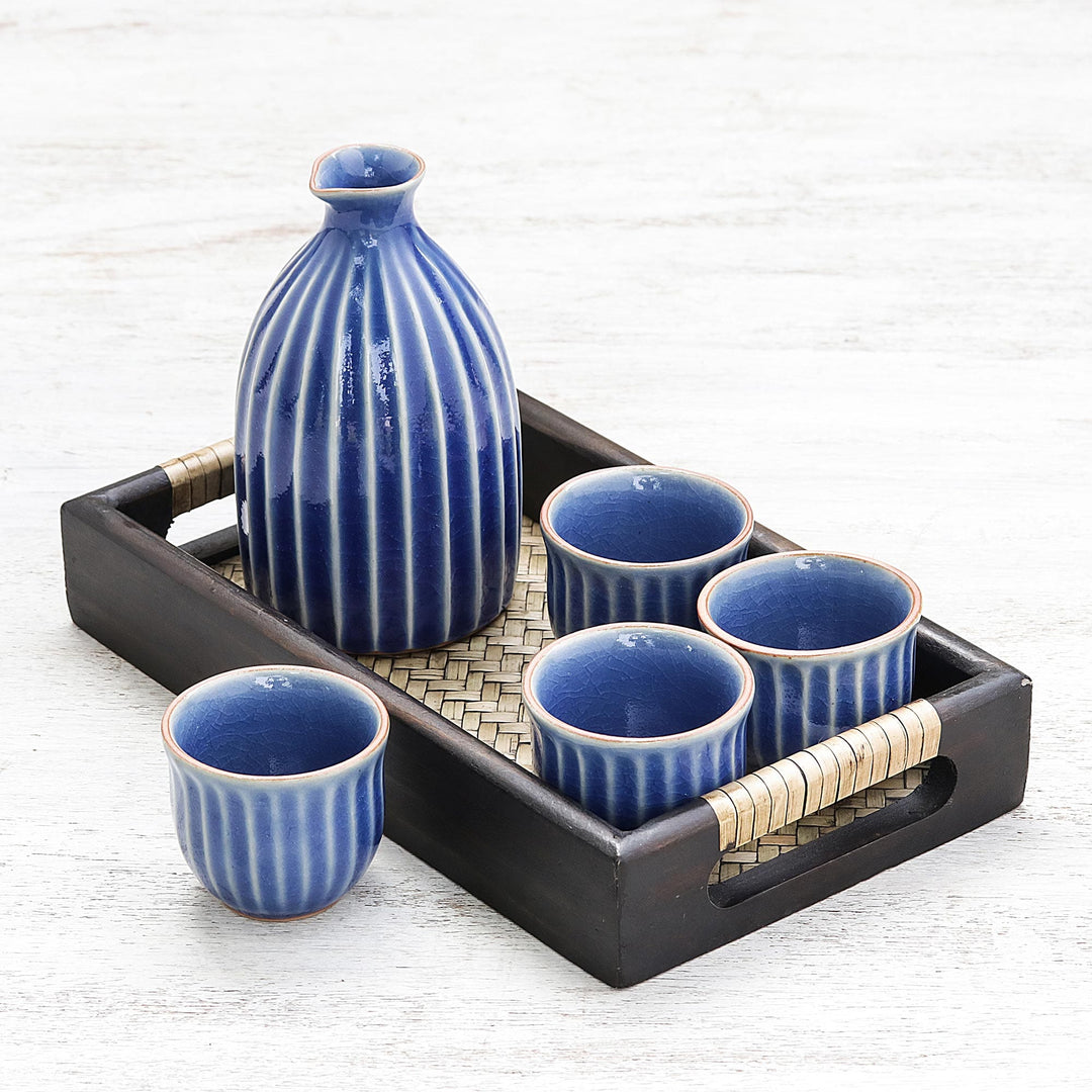Blue Ceramic Decanter and Cups with Wood Tray (Set for 4) - Ridges