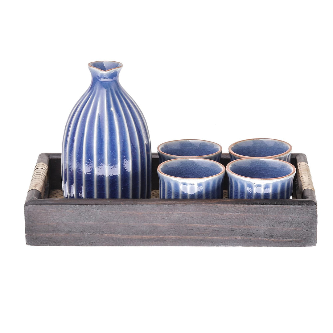 Blue Ceramic Decanter and Cups with Wood Tray (Set for 4) - Ridges