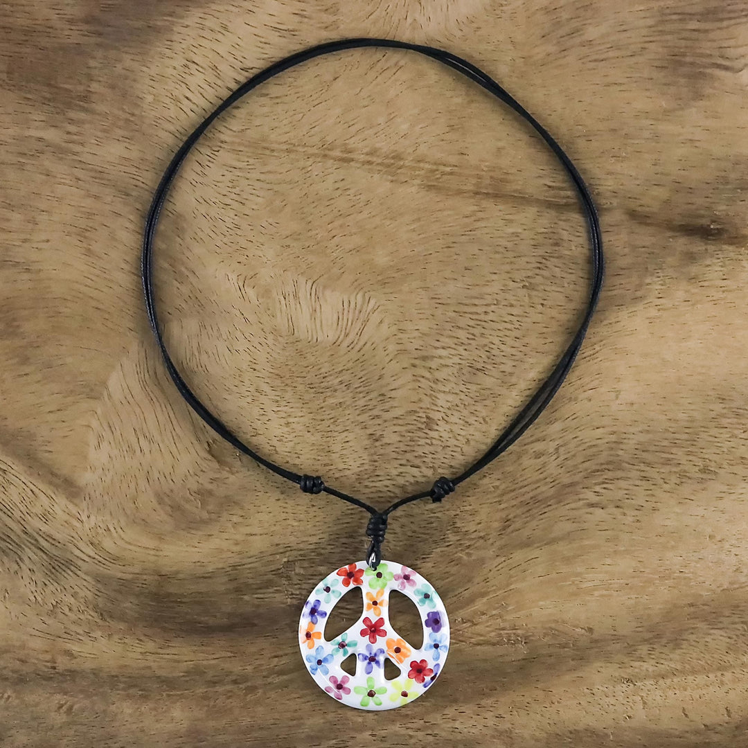 Floral Motif Ceramic Peace Pendant Necklace from Thailand - Flower Child