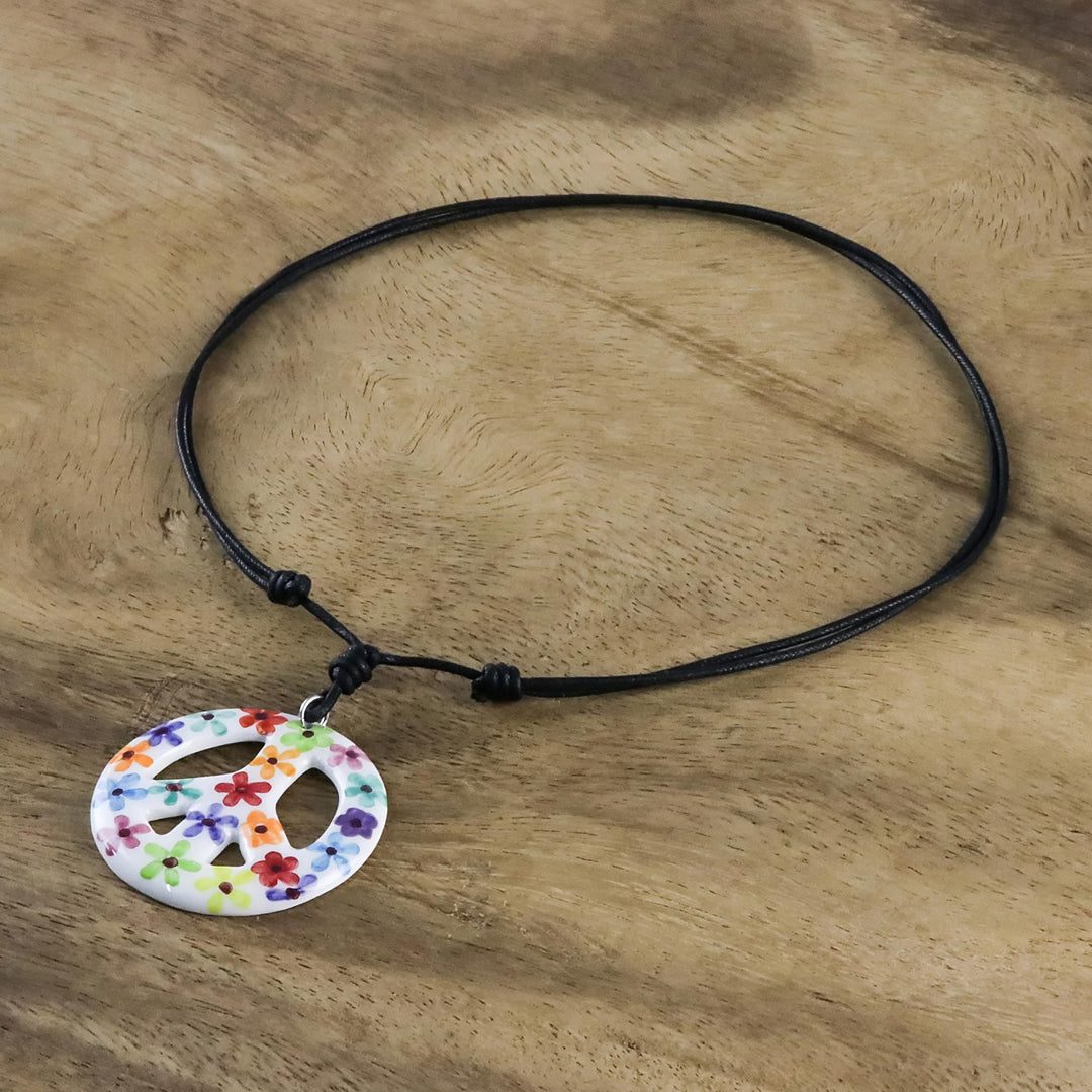 Floral Motif Ceramic Peace Pendant Necklace from Thailand - Flower Child