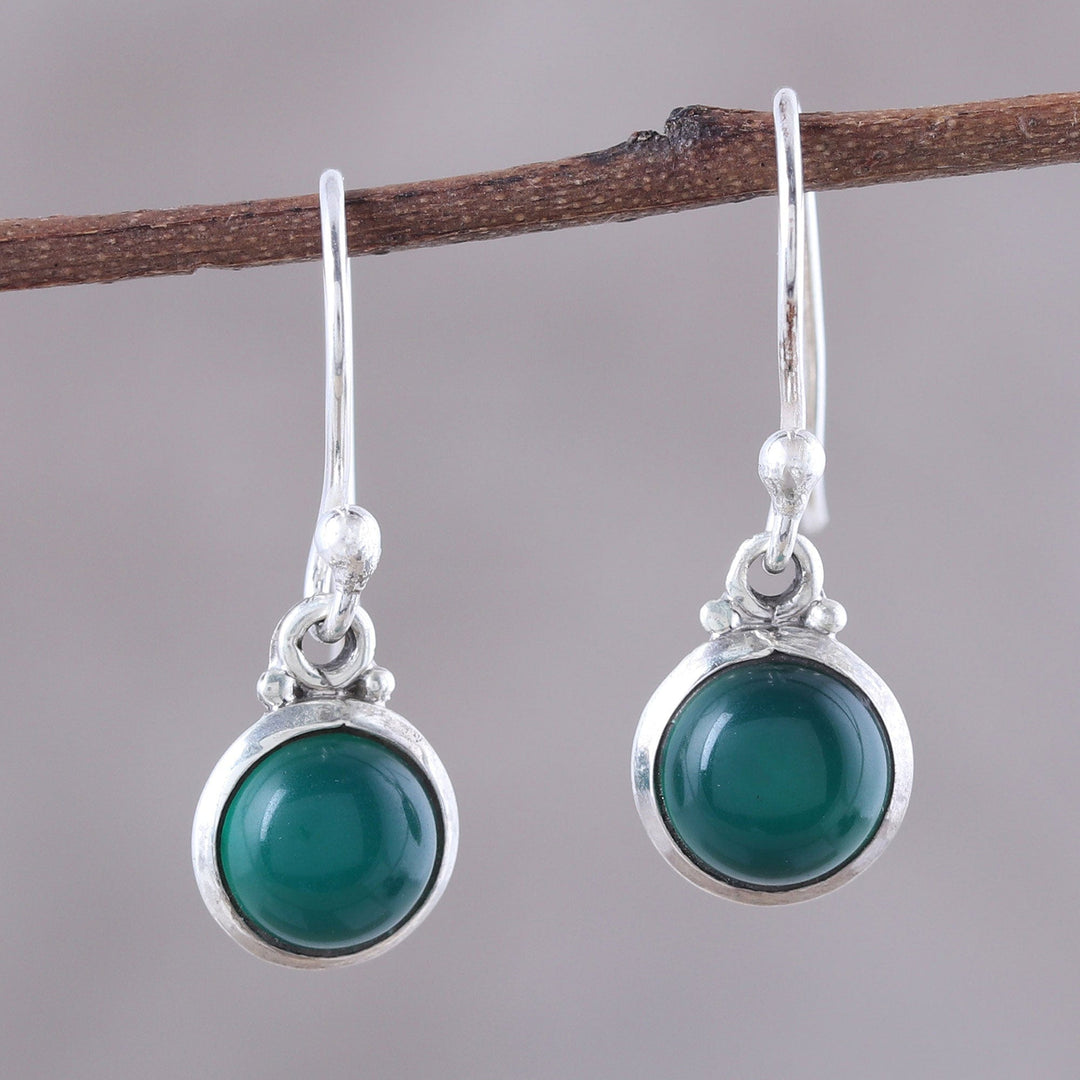 Round Green Onyx Dangle Earrings from India - Happy Glow