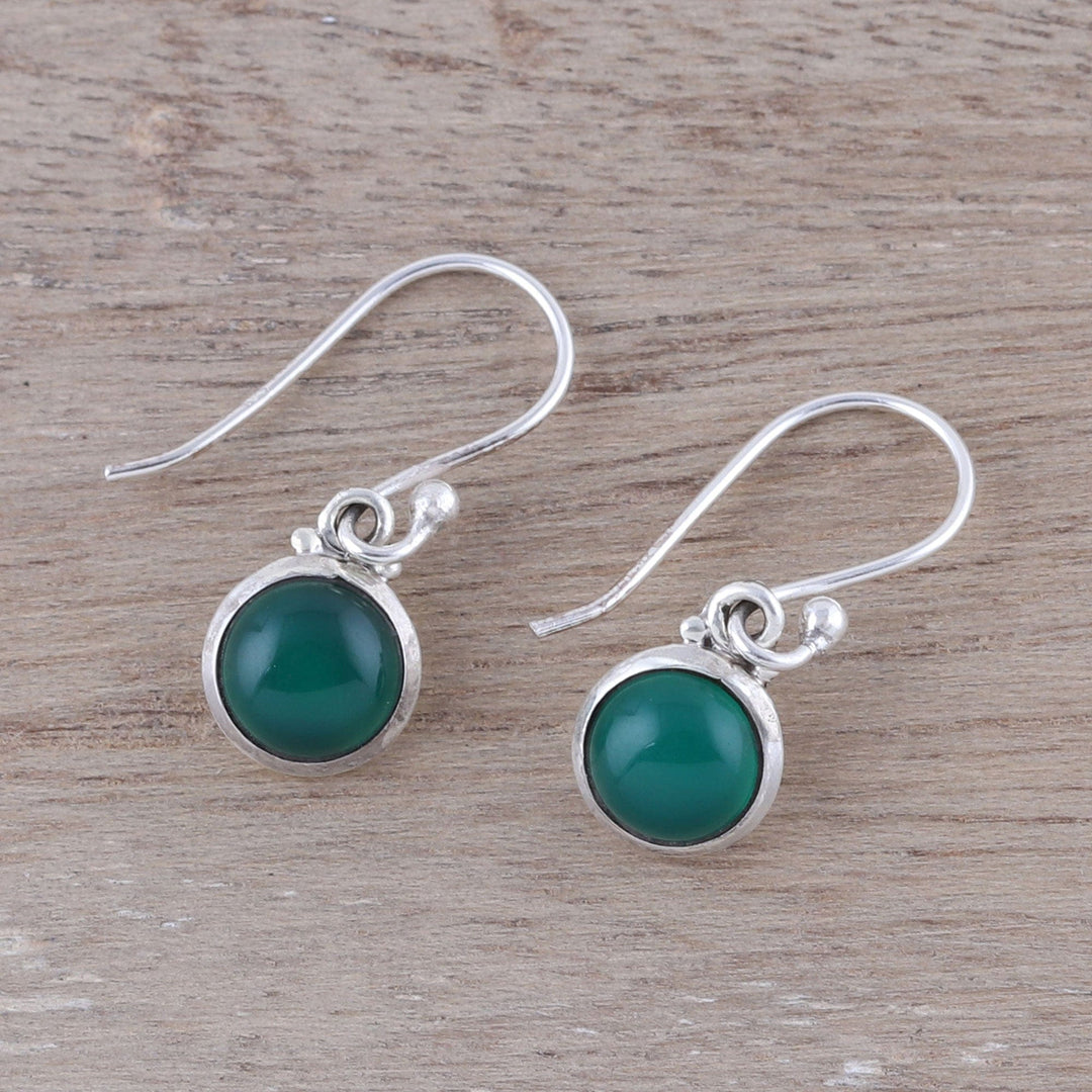 Round Green Onyx Dangle Earrings from India - Happy Glow