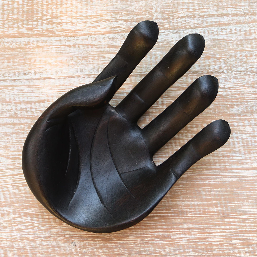 Hand-Carved Wood Sculpture of a Hand in Black from Indonesia - Black Palm