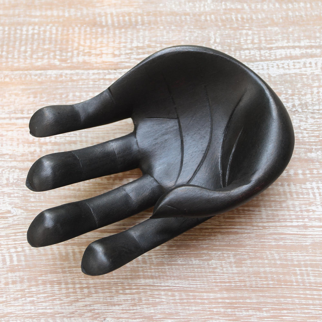Hand-Carved Wood Sculpture of a Hand in Black from Indonesia - Black Palm