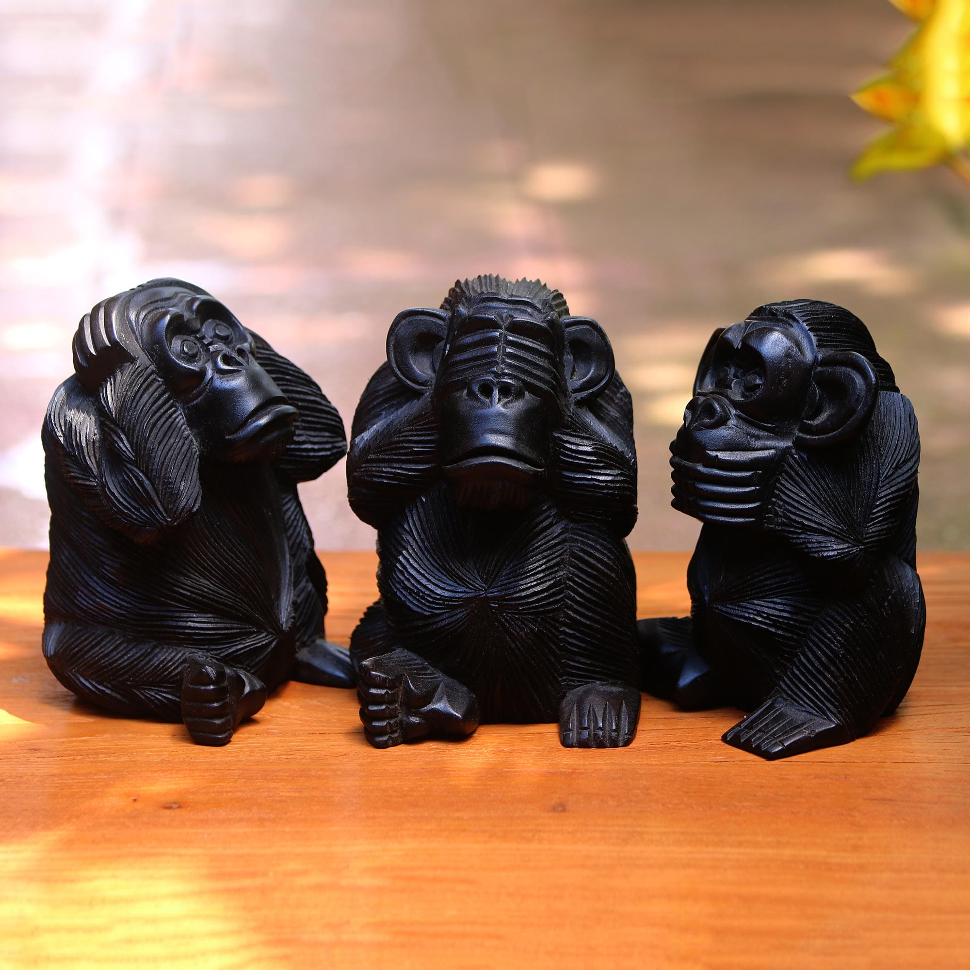 Hand-Carved Monkey Maxim Sculptures from Bali (Set of 3) - Helpful Monkeys