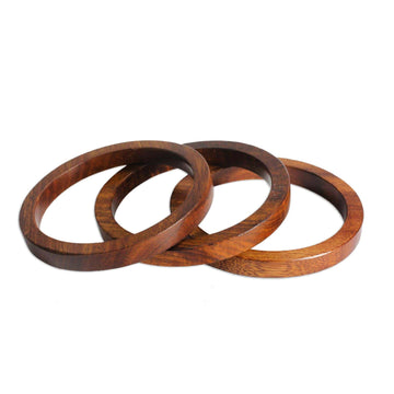 Set of 3 Hand-Carved Mango Wood Bangle Bracelets - Fashionable Trio