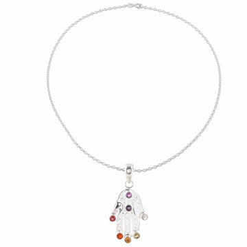 Multi-Gemstone Hamsa Chakra Pendant Necklace from India - Hamsa Chakra