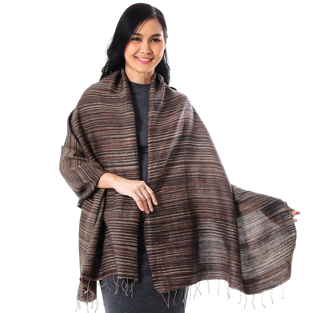 Striped Silk and Cotton Blend Shawl in Brown from Thailand - Gorgeous Stripes in Brown