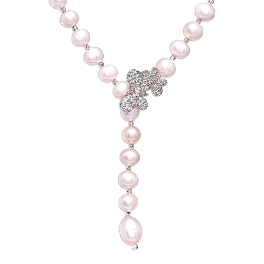 Cultured Pearl Y-Necklace in Pink from Thailand - Beautiful Butterfly in Pink