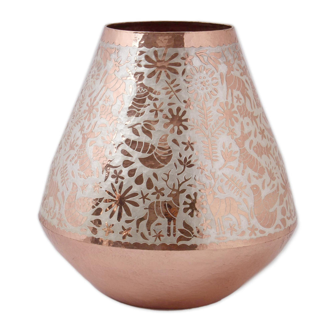 Animal Motif Silver Accented Copper Vase from Mexico - Gleaming Fauna