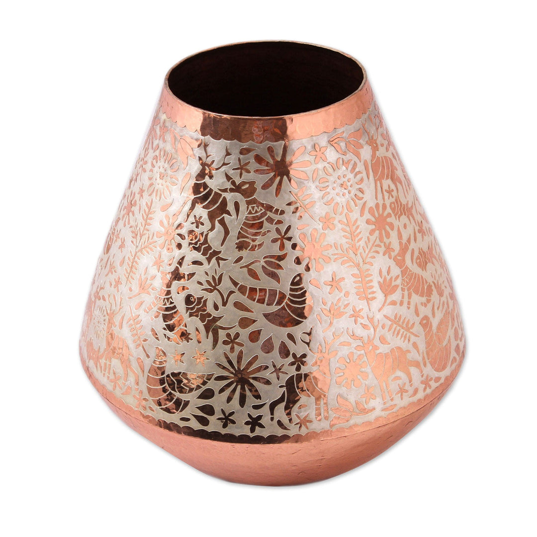 Animal Motif Silver Accented Copper Vase from Mexico - Gleaming Fauna