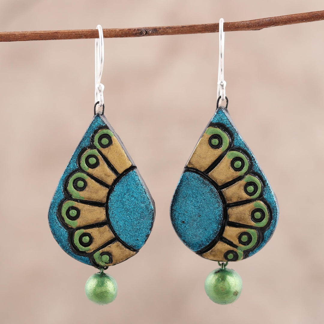 Hand-Painted Droplet Ceramic Dangle Earrings from India - Feather Droplet