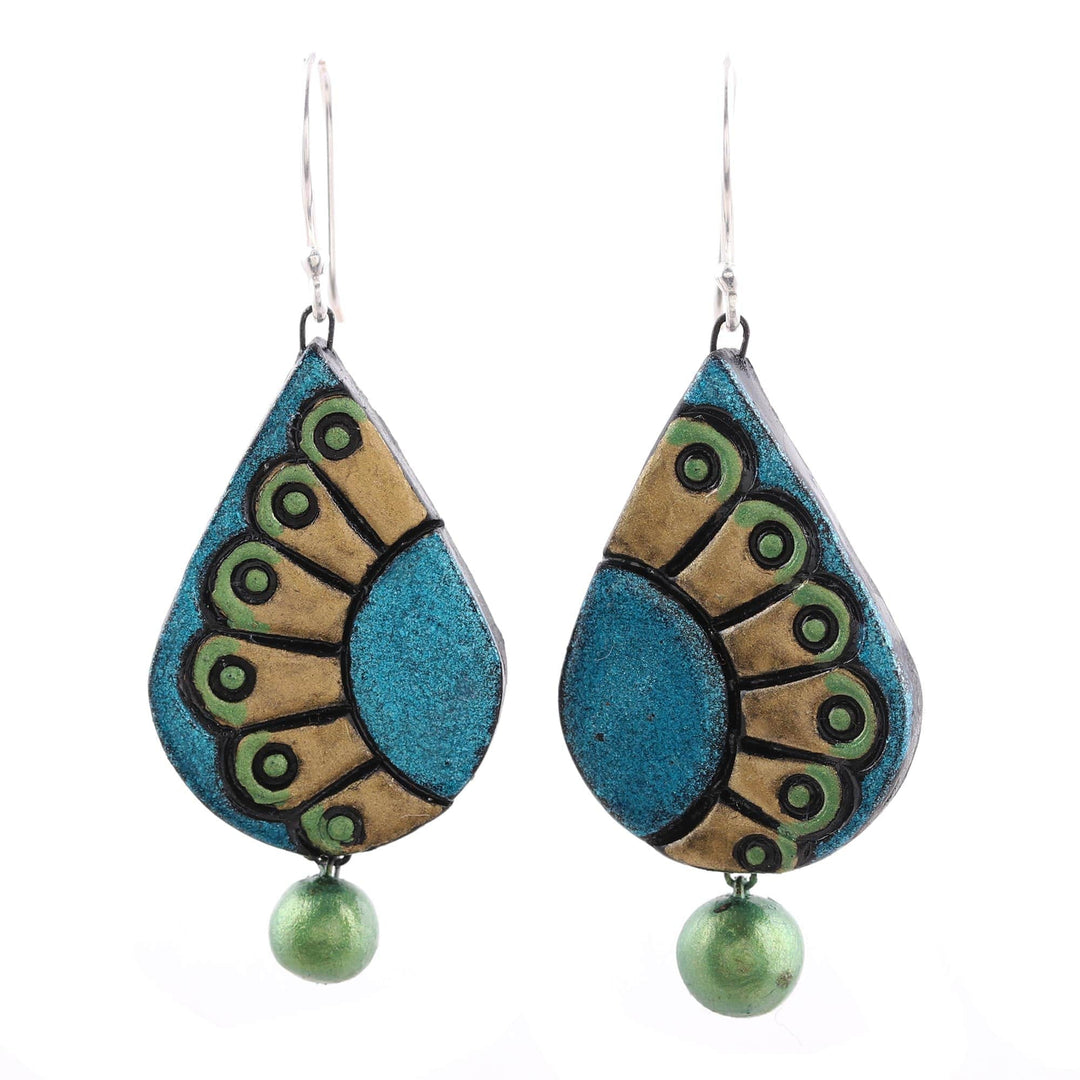 Hand-Painted Droplet Ceramic Dangle Earrings from India - Feather Droplet