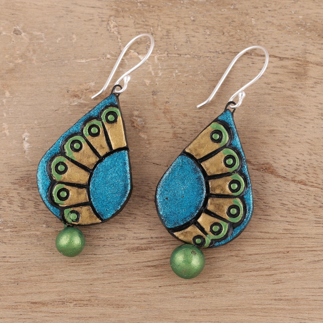 Hand-Painted Droplet Ceramic Dangle Earrings from India - Feather Droplet