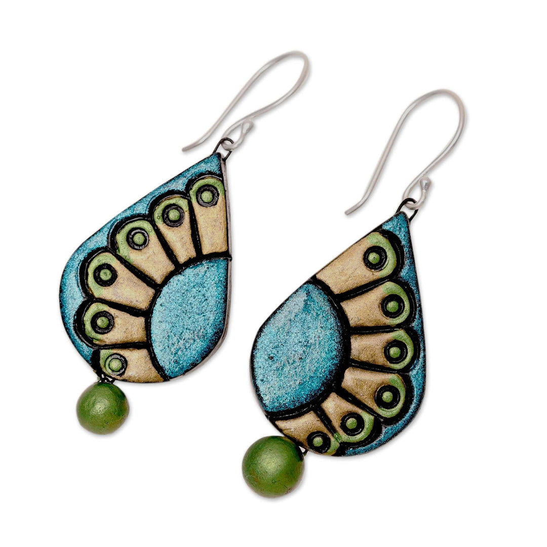 Hand-Painted Droplet Ceramic Dangle Earrings from India - Feather Droplet