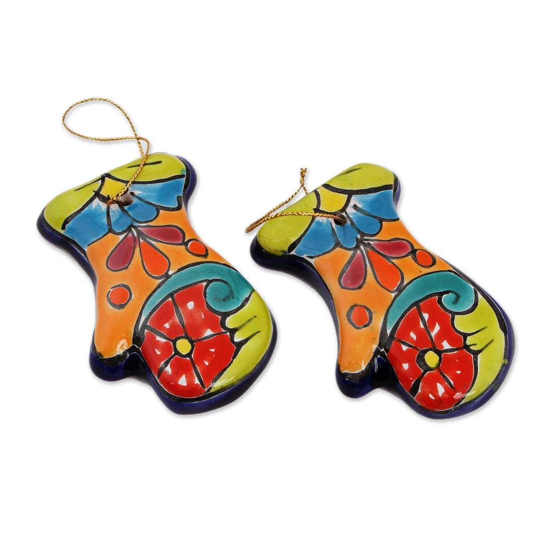 Talavera Ceramic Mitten Ornaments from Mexico (Pair) - Talavera Mittens
