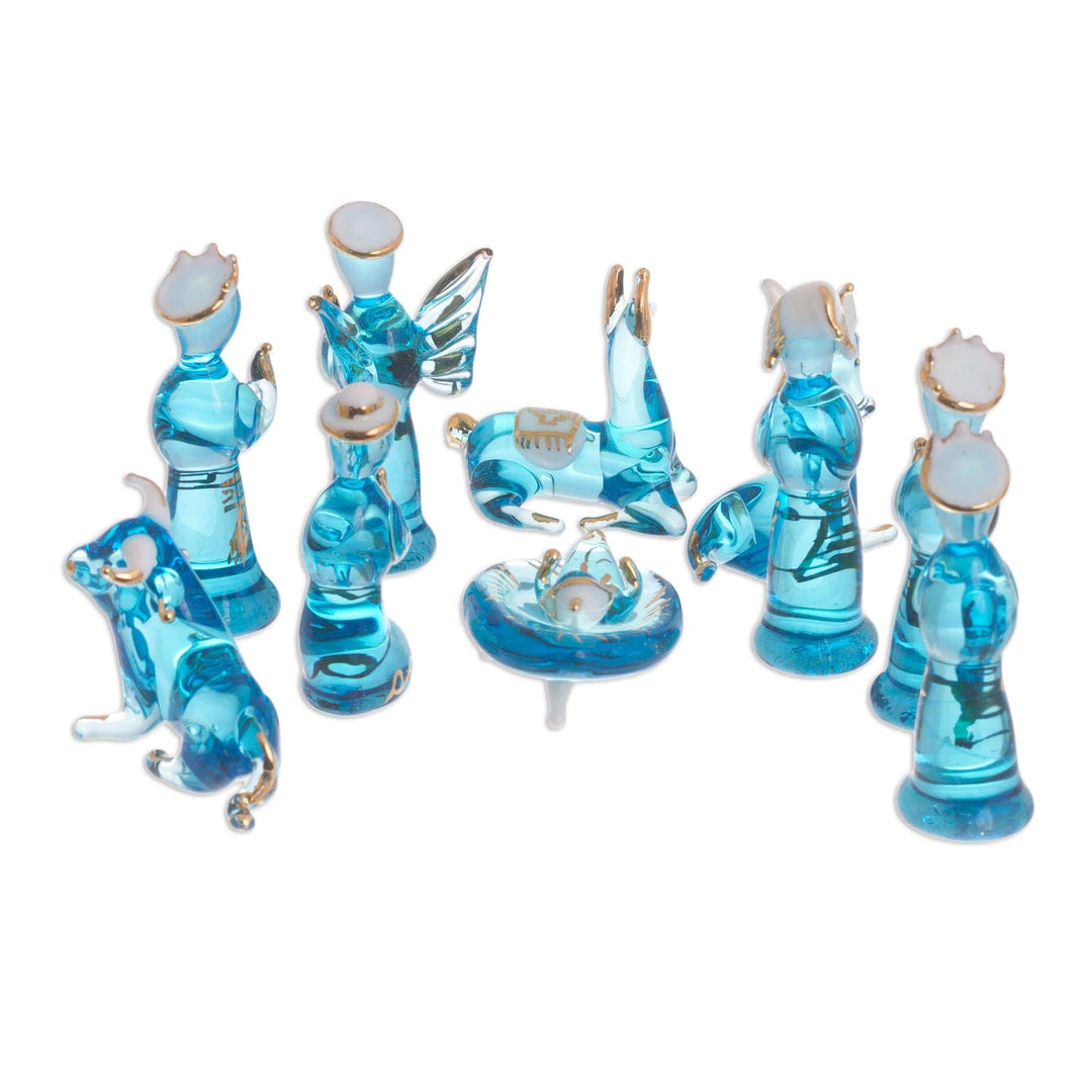 Blue Gilded Glass Nativity Scene from Peru (12 Piece) - Andean Festivity in Blue