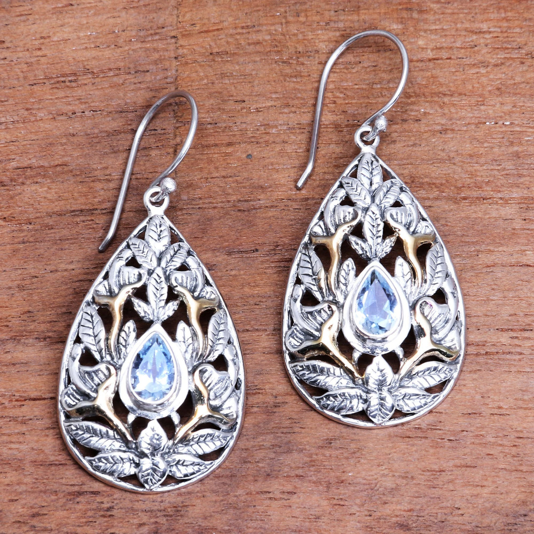 Leaf Motif Gold-Accented Blue Topaz Dangle Earrings - Hidden Jungle