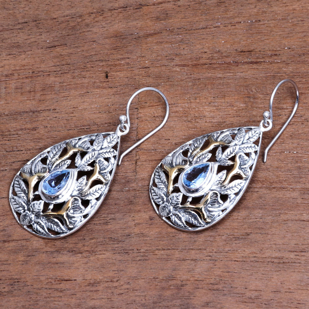 Leaf Motif Gold-Accented Blue Topaz Dangle Earrings - Hidden Jungle