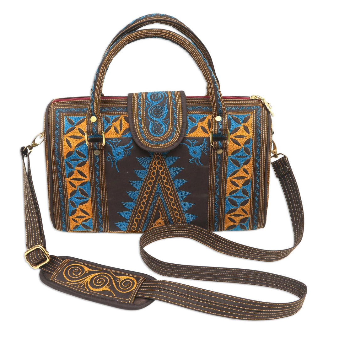 Embroidered Cotton Handle Handbag in Saffron and Teal - Banda Bay