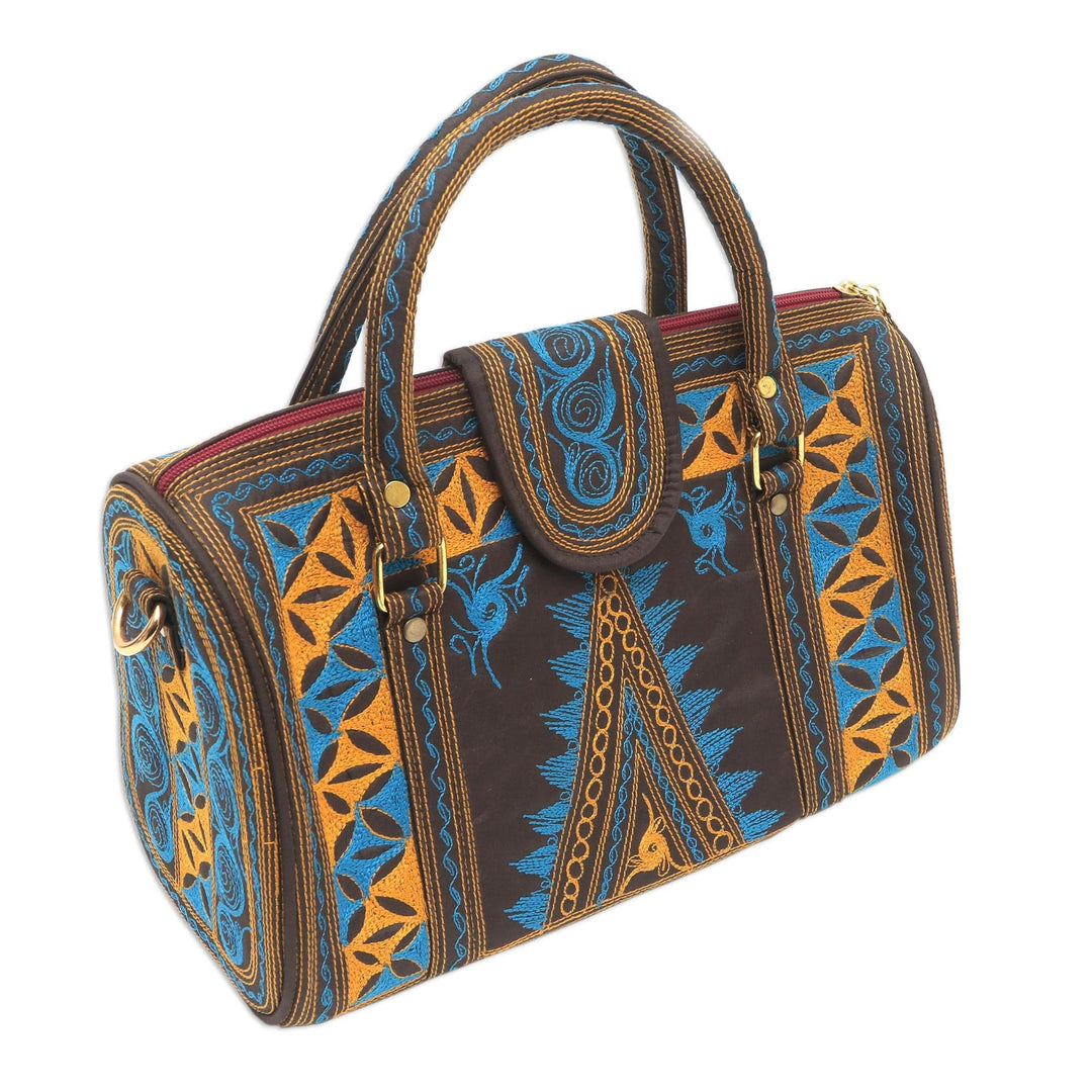 Embroidered Cotton Handle Handbag in Saffron and Teal - Banda Bay