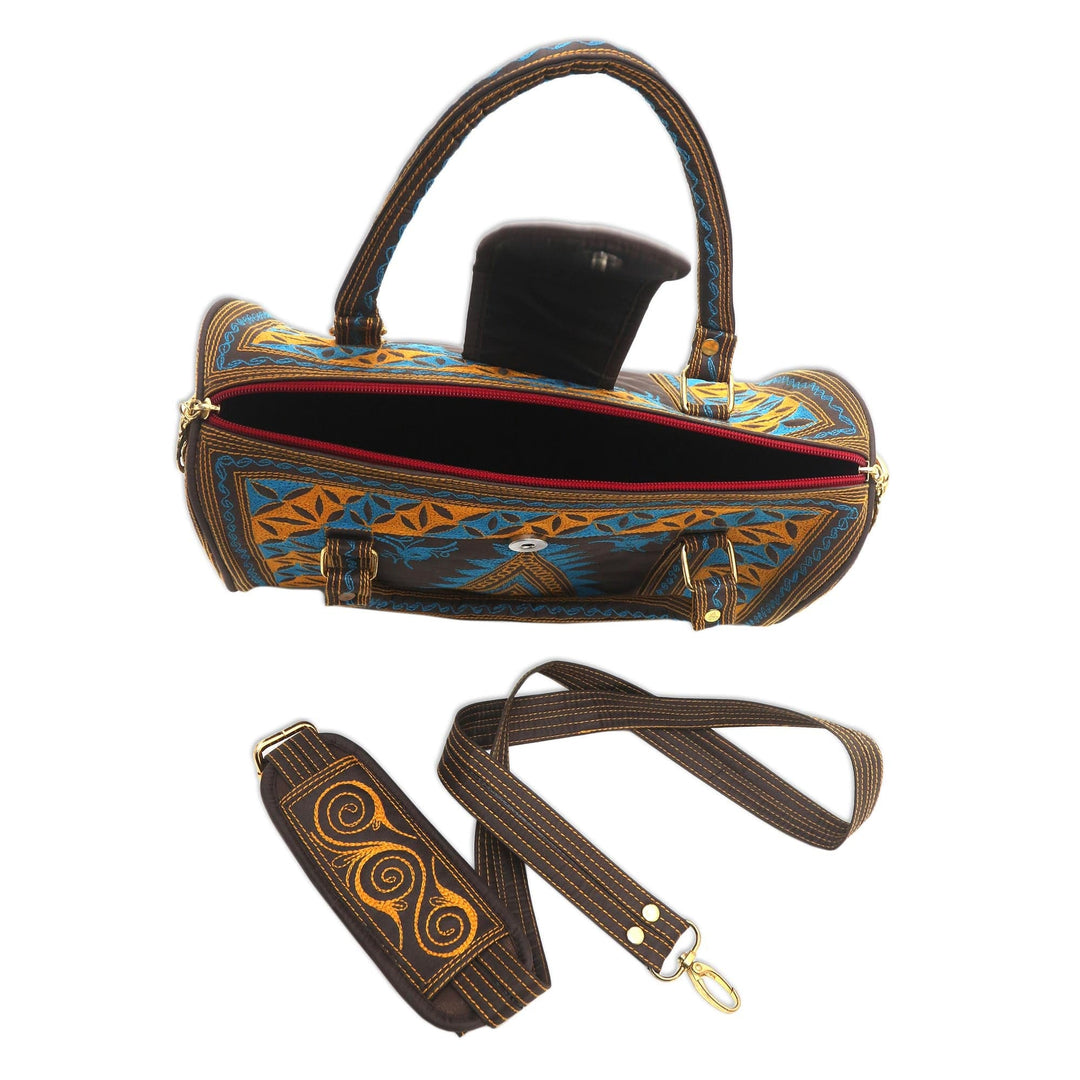 Embroidered Cotton Handle Handbag in Saffron and Teal - Banda Bay