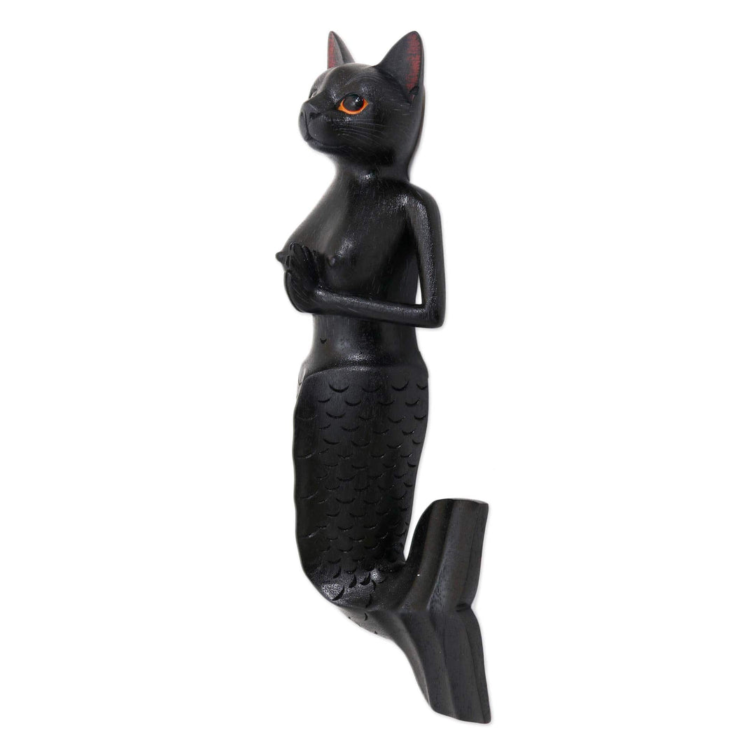 Black Suar Wood Mermaid Cat Wall Sculpture from Bali - Black Mermaid Cat
