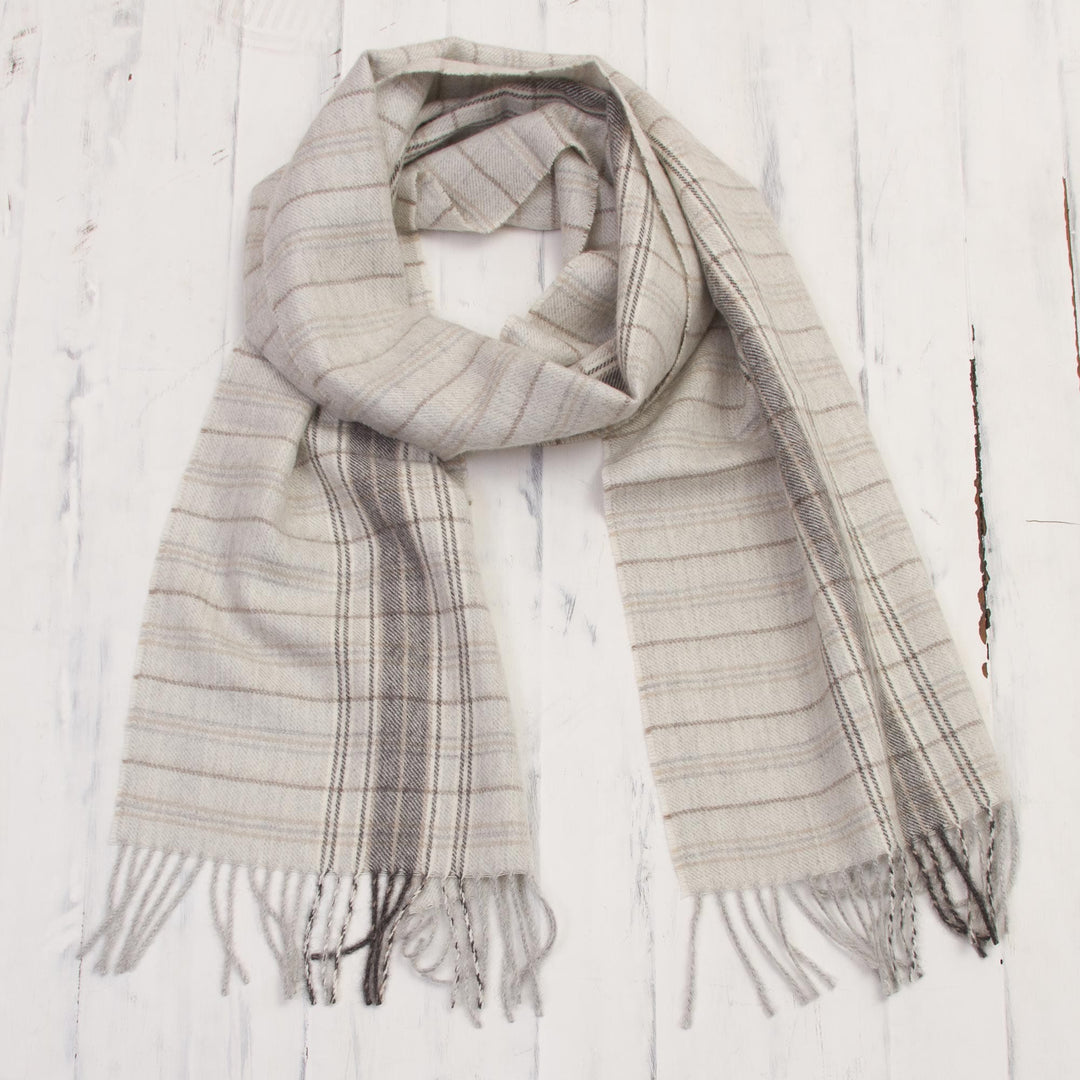 White and Grey 100% Baby Alpaca Scarf from Peru - Andean Mountain Range