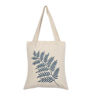 Azure Fern Pattern Embroidered Cotton Shoulder Bag - Ferny Frond in Azure