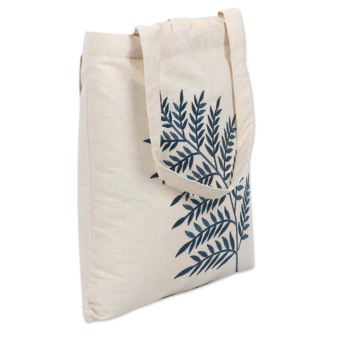 Azure Fern Pattern Embroidered Cotton Shoulder Bag - Ferny Frond in Azure