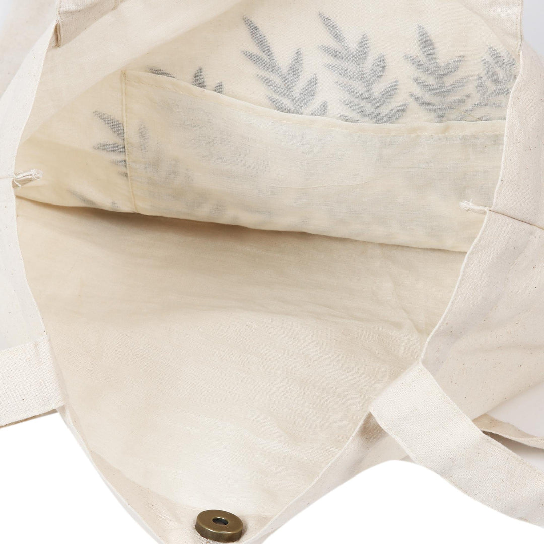 Azure Fern Pattern Embroidered Cotton Shoulder Bag - Ferny Frond in Azure