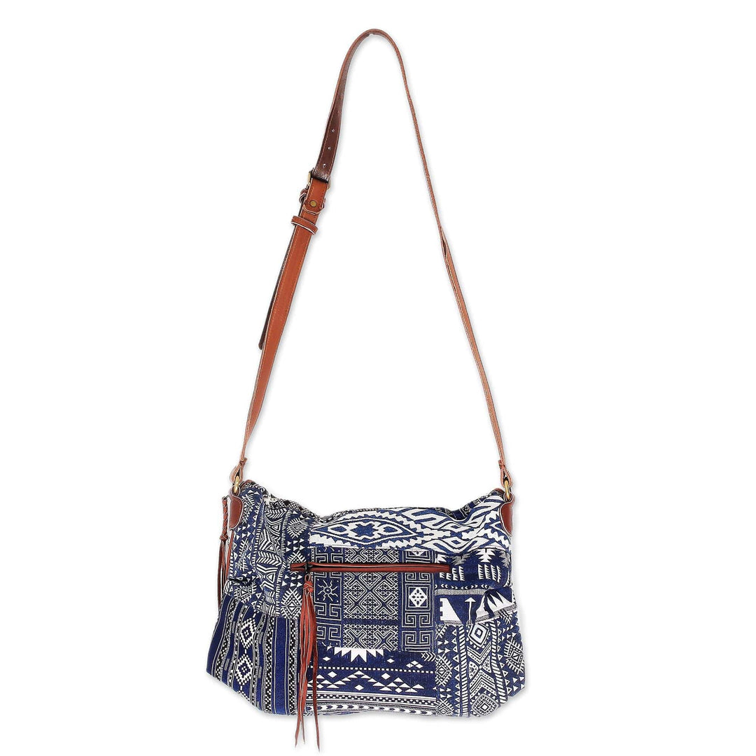 Leather Accented Patchwork Cotton Blend Sling from Thailand - Lanna Patchwork