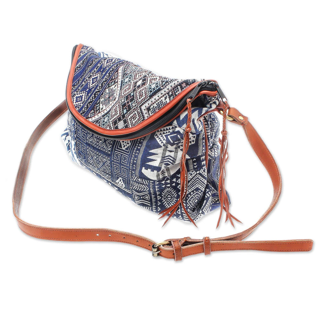 Leather Accented Patchwork Cotton Blend Sling from Thailand - Lanna Patchwork