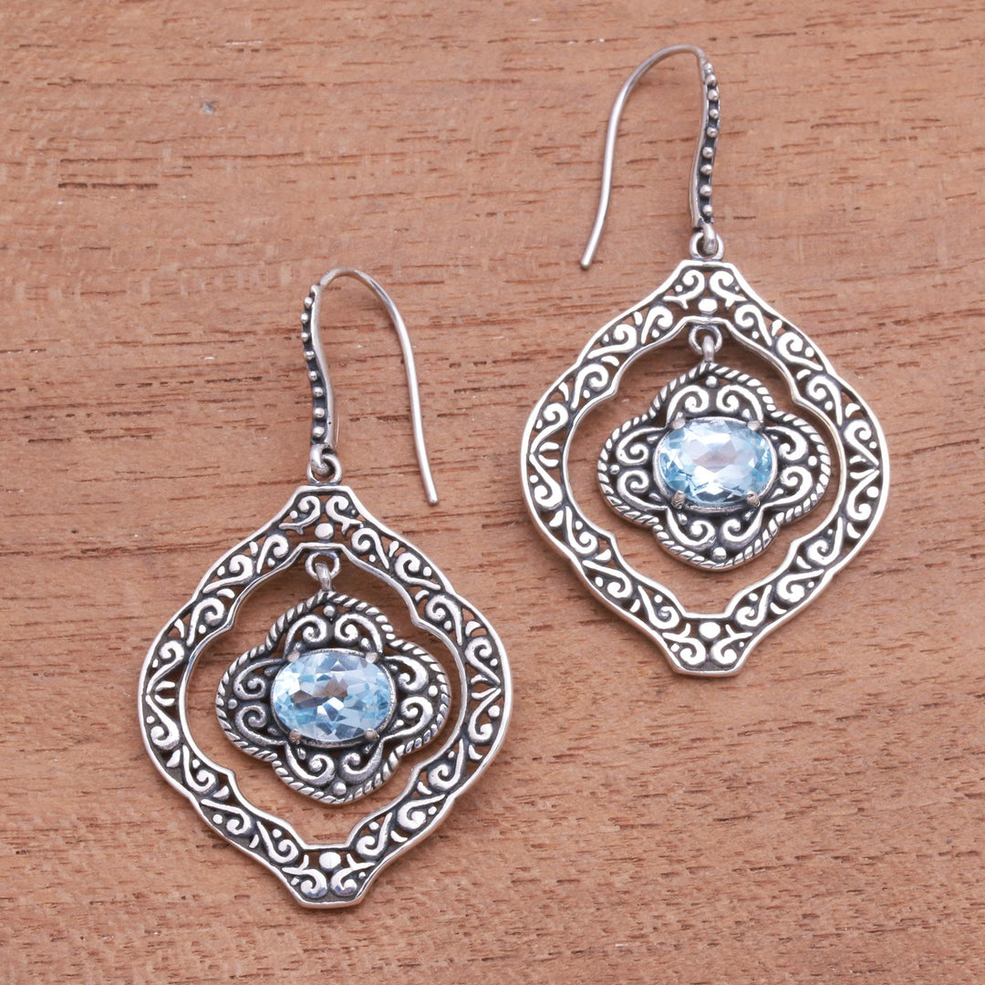 Blue Topaz and Sterling Silver Ornate Frame Dangle Earrings - Delightful Windows