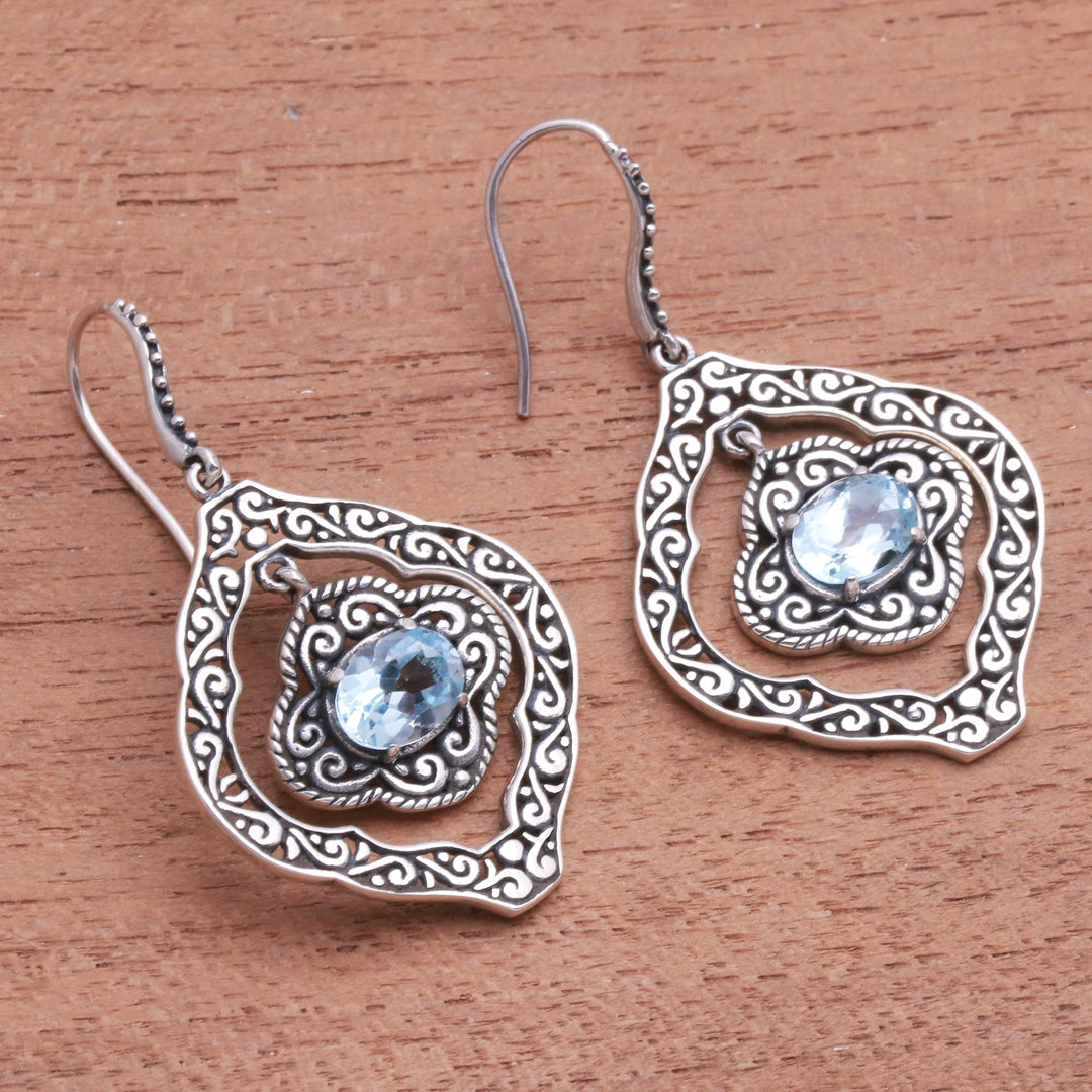 Blue Topaz and Sterling Silver Ornate Frame Dangle Earrings - Delightful Windows