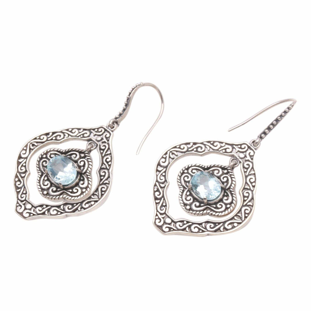 Blue Topaz and Sterling Silver Ornate Frame Dangle Earrings - Delightful Windows