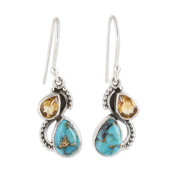 Citrine and Composite Turquoise Teardrop Dangle Earrings - Two Teardrops