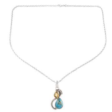 Citrine and Composite Turquoise Teardrop Pendant Necklace - Two Teardrops