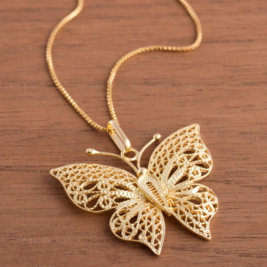 Gold Plated Sterling Silver Filigree Butterfly Necklace - Majestic Flight