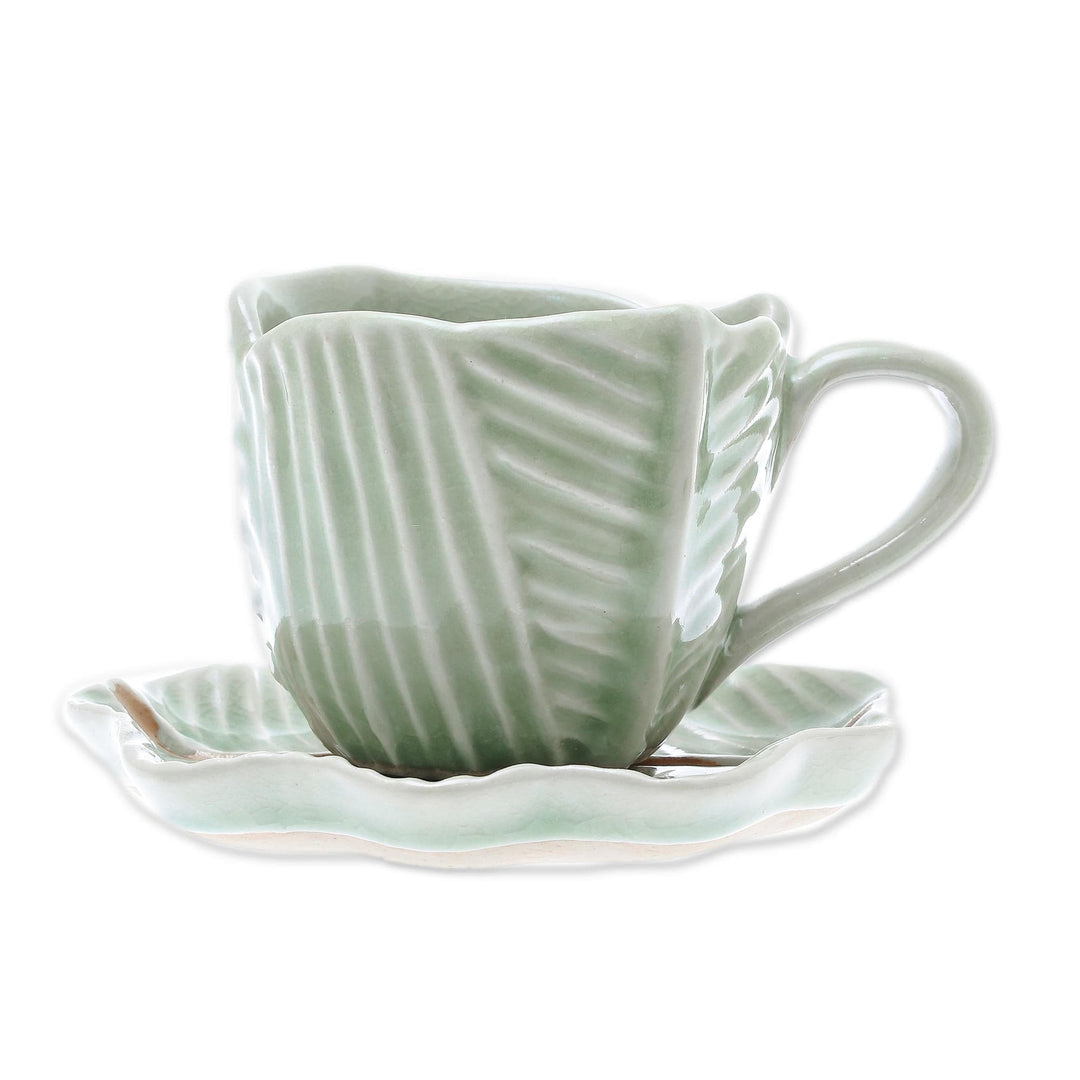 Leaf-Themed Celadon Ceramic Teacup and Saucer from Thailand - Tea Leaf