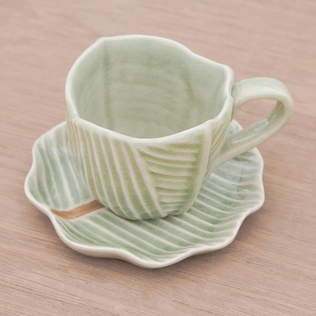 Leaf-Themed Celadon Ceramic Teacup and Saucer from Thailand - Tea Leaf