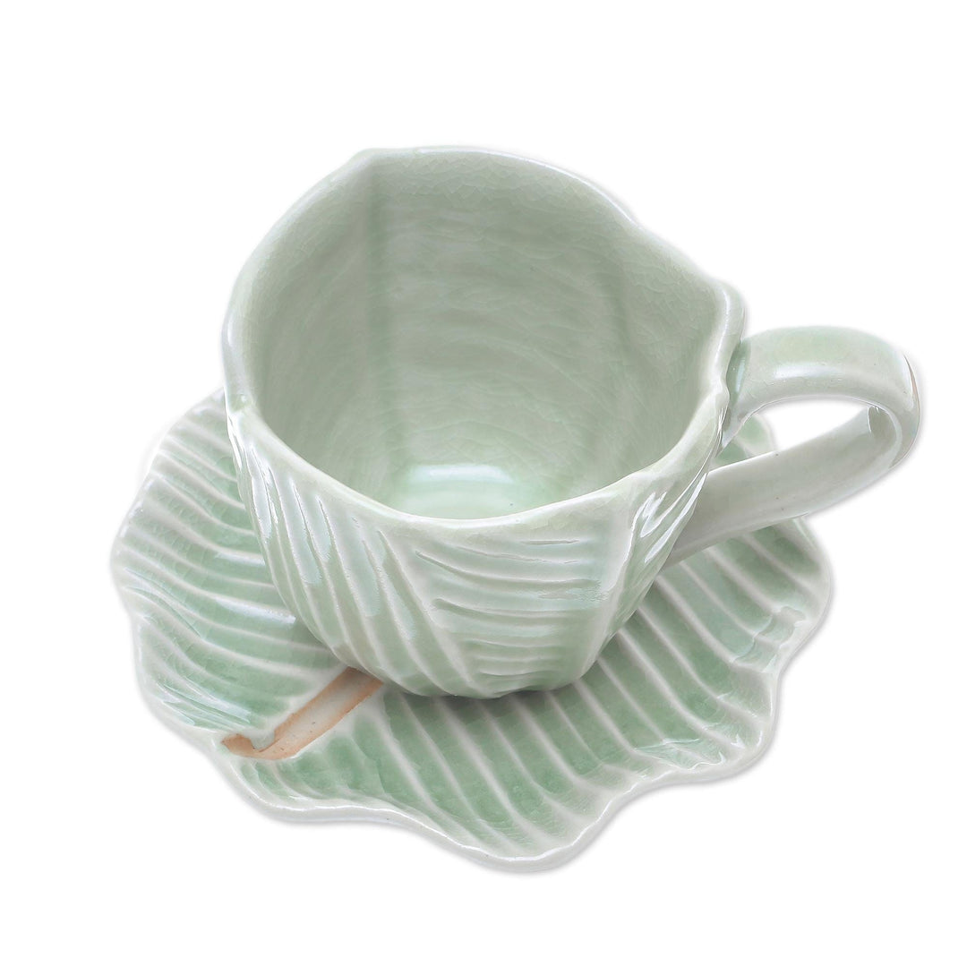 Leaf-Themed Celadon Ceramic Teacup and Saucer from Thailand - Tea Leaf